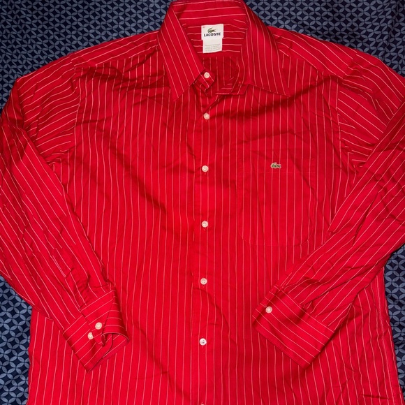 Vintage Lacoste Mens Long Sleeve Button-up Shirt Vertical Striped Red Size 42 - Picture 1 of 3